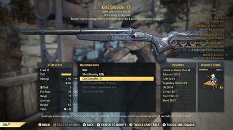 Fallout 76 cold shoulder - 3 days ago · The fancy pump action shotgun is a shotgun in Fallout 76, introduced in the Wastelanders update. The fancy pump action shotgun is an ornate weapon made with a darker wood and painted black with gold trim. The receiver is engraved with a golden floral pattern and the forearm is painted with four white diamonds. The fancy pump action …